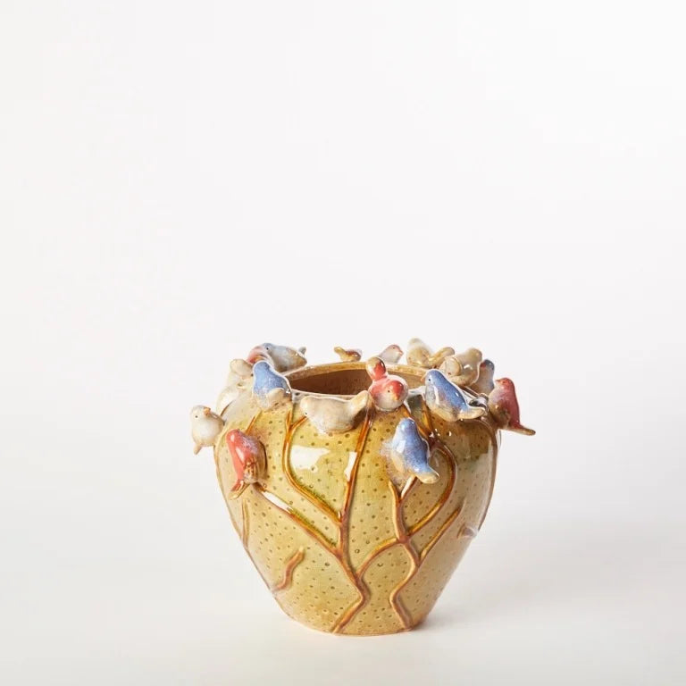 Image of Vaso Primaverile Giallo con Uccellini